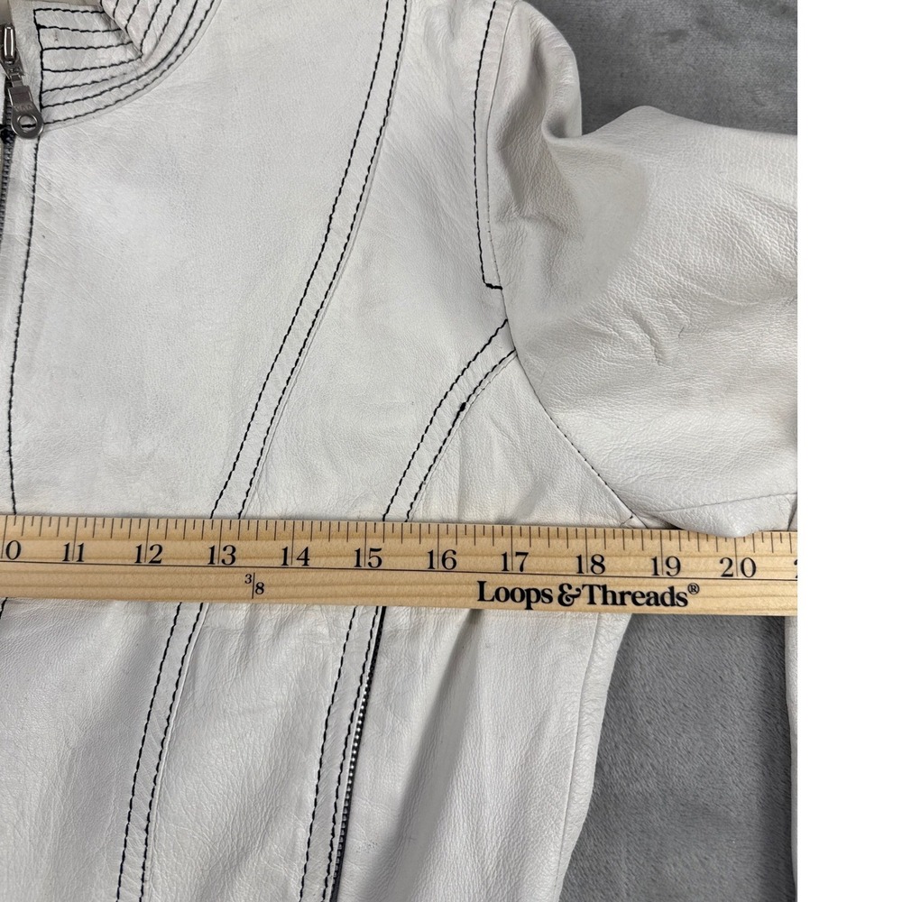 Mirti Italian Leather Jacket White Black Contrast Stitch Moto Firenze Italy 44 - Picture 6 of 8